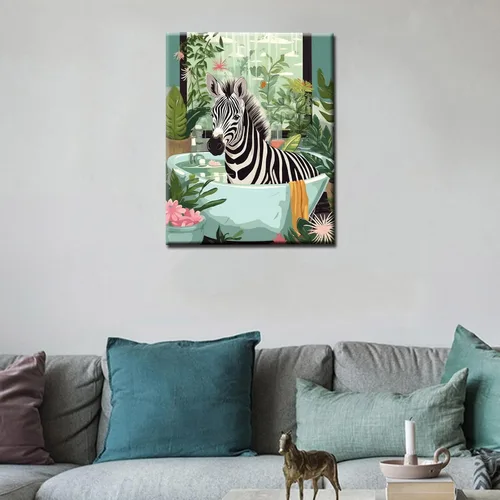 Vista 3 de Pintura por números para adultos, baño, animales, bricolaje, pintura al óleo digital, pintura acrílica, cebra, arte de pared, hojas verdes, bañera