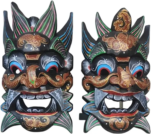 Vista 7 de Máscara de madera tradicional tallada a mano, máscaras de ópera nuo china, máscara asiática colgante de madera, máscara de madera pintada tallada a