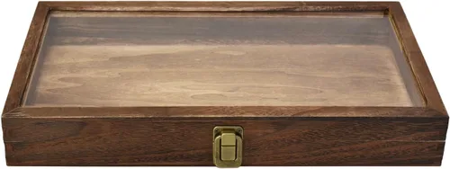 Vista 4 de MOOCA Caja de almacenamiento de 2 piezas de vidrio templado de madera con cierre de metal, bandeja de joyería de madera para coleccionables