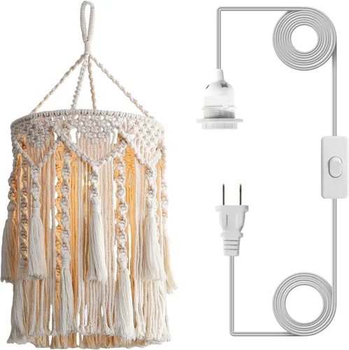 Vista 8 de Bioaqua Pantalla de Lámpara Colgante Boho, Luz Colgante de Macramé, Luminaria Boho Hecha a Mano con Cable de Enchufe para Hogar, Sala de Estar