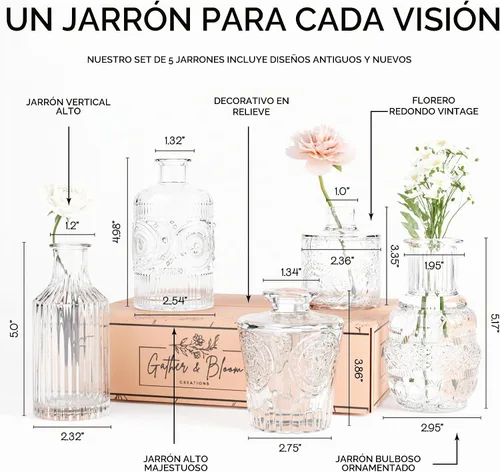 Vista 3 de Gather & Bloom Creations Juego de 5 Mini Floreros – Jarrones Pequeños de Cristal Transparente en Formas y Tamaños Únicos para Flores, Luces