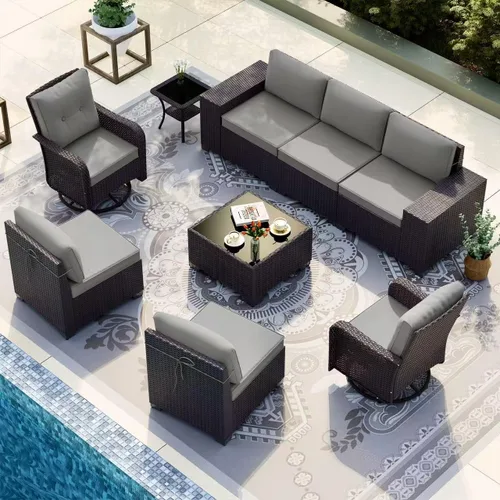 Vista 25 de Gotland Juego de muebles de patio de 6 piezas con 1 mesa auxiliar, 5 plazas de ratán seccional para exteriores con reposabrazos anchos de 29.5 Gris