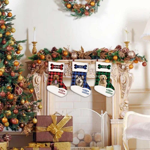 Vista 5 de Foto personalizada, Feliz Navidad, búfalo rojo, a cuadros, feliz perro, calcetín de Navidad, copo de nieve, decoración de vacaciones, calcetín