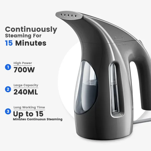 Vista 2 de HiLIFE Vaporizador para ropa, diseño portátil de mano, gran capacidad de 240ml, 700W, vapor penetrante fuerte, elimina arrugas, para el hogar