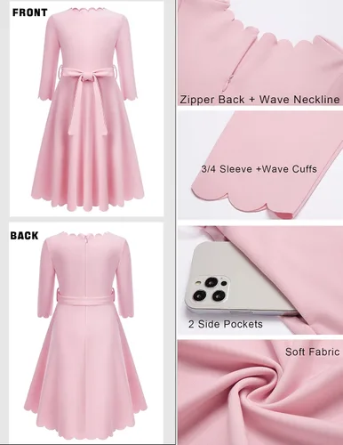 Vista 7 de Arshiner Vestido de fiesta para niñas con ribete festoneado, cinturón, acampanado, formal, por debajo de la rodilla, con bolsillos, para 6-15 años