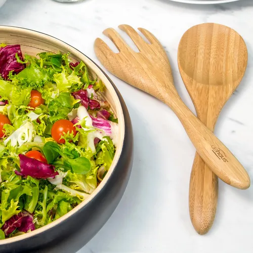 Vista 8 de Dehaus Servidores de ensalada de bambú extra grandes de 12 pulgadas - Cucharas de madera para servir ensaladas - Utensilios ecológicos - Manos