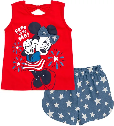 Vista 35 de Disney Minnie Mouse - Conjunto de camiseta floral arcoíris y pantalones cortos de cambray, tallas de bebé a niño grande (12 meses - 14-16)