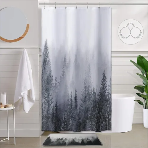 Vista 16 de ORTIGIA 36x72 Cortina de ducha de bosque nebuloso para baño pequeño, cortina de ducha estrecha de naturaleza y bosque en blanco y negro con ganchos