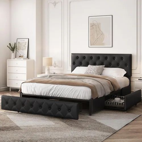 Vista 10 de Yaheetech Base de cama Queen tapizada con cabecera ajustable con botones de diamante, 3 cajones de almacenamiento, cama de plataforma queen/listones