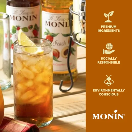 Vista 4 de Monin - Jarabe de melocotón, sabores frescos y jugosos, ideal para tés helados, limonadas y refrescos, sin OMG, sin gluten (1 litro)