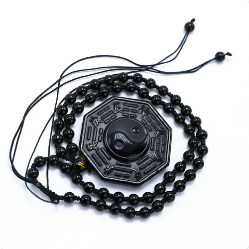 Vista 2 de Kitch Aroma Natural Tai Chi Grabado Negro Piedras de Obsidiana Colgante Collar con Extend Bead Chain