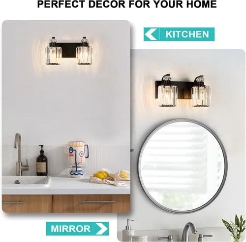 Vista 8 de Lámparas de baño negras con pantalla de cristal K9, iluminación de baño sobre espejo, luces de tocador para sala de estar, dormitorio, baño