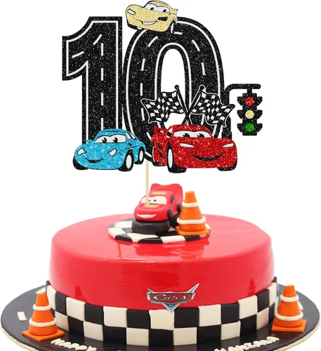 Vista 14 de Ephlyn 1 pieza de decoración para tarta de primer cumpleaños de coche de carreras con purpurina, decoración de tarta 1er cumpleaños para bandera a