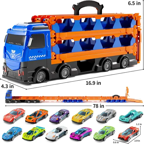 Vista 2 de Camión de carreras de juguete para niños, pista de carreras de 78 pulgadas y 12 autos de juguete de metal fundido a presión, juguetes de camión