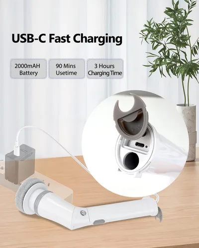 Vista 7 de UBeesize Limpiador eléctrico giratorio, cepillo de limpieza inalámbrico largo, limpiador de ducha giratorio con 8 cabezales reemplazables, mango