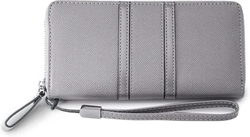 Vista 3 de Carteras con cremallera para mujer, de gran capacidad, cartera larga para chequera, cartera de mano con correa para la muñeca, Gris, Classic