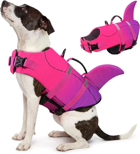 Vista 44 de Queenmore Chaleco Salvavidas para Perros Tiburón, Chaleco de Natación de Alta Flotabilidad, Chalecos Salvavidas para Perros Ajustables y Fáciles