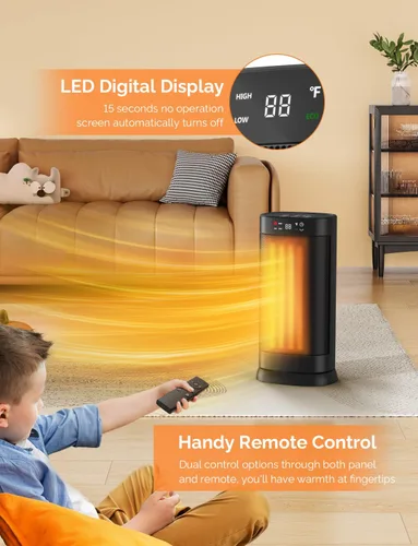 Vista 6 de Calentadores de Espacio para Uso en Interiores, Calentador de Cerámica PTC Eléctrico Portátil Oscilante de Calentamiento Rápido de 1500W