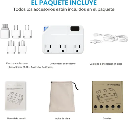 Vista 5 de Enchufe de conversión de 250 W, convertidor de viaje internacional con 2 puertos USB y 2 puertos USB-C, reducción de 220 V a 110 V para áreas de 100