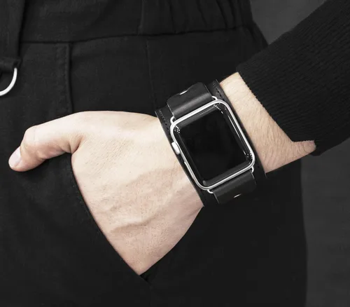 Vista 2 de Correa de cuero cosida ancha compatible con Apple Watch de 1.496 in 1.575 in 1.614 in 1.654 in 1.732 in 1.811 in 1.772 in 1.929 in, hecho a mano UA