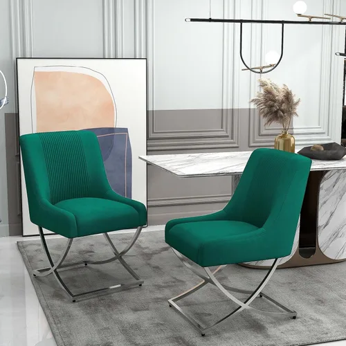 Vista 7 de Juego de 2 sillas de cocina y comedor, de terciopelo tapizado moderno, sillas de metal copetudas contemporáneas con patas plateadas en forma de X