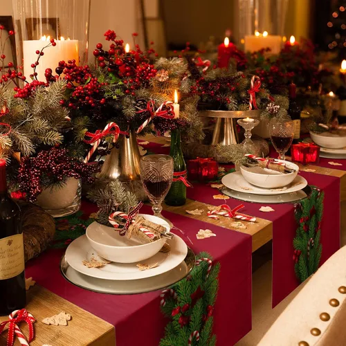 Vista 4 de Camino de mesa de Navidad de 70 pulgadas de largo, paños de mesa de árboles de Navidad rojos de algodón y lino para aparadores, bufandas de mesa
