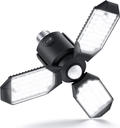 Vista 7 de Bombilla LED para garaje AYSEMO de 15000 lm - Luces LED de techo ajustables en 360° con 6+1 paneles deformables, 6500 K de luz diurna, base