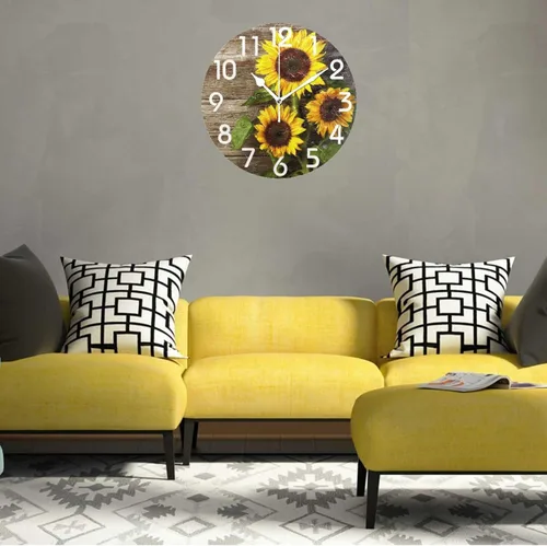 Vista 3 de Naanle Elegante reloj de pared redondo de madera vintage con diseño de girasoles 3D, de 9.5 pulgadas, funciona con pilas, de cuarzo, analógico