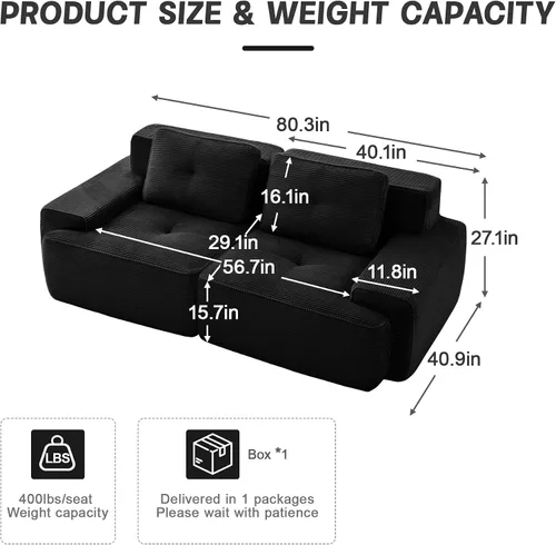Vista 2 de Sofás deshuesados negros de 81.9 pulgadas para sala de estar, sofá modular modular de 2 plazas, cómodo sofá de dos plazas tapizado de tela de pana