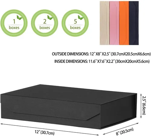 Vista 2 de Caja de regalo negra con tapa de 12 x 8 x 2.5 pulgadas, caja de regalo magnética para envolver, caja de regalo a granel para regalo, grano de malla