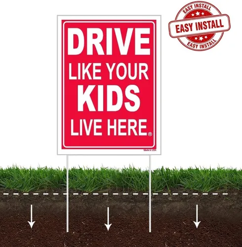 Vista 6 de Letrero con texto en inglés «Please Slow Down Lawn and Drive Like Your Kids Live Here Lawn Sign» (paquete combinado), rojo/blanco, doble cara +