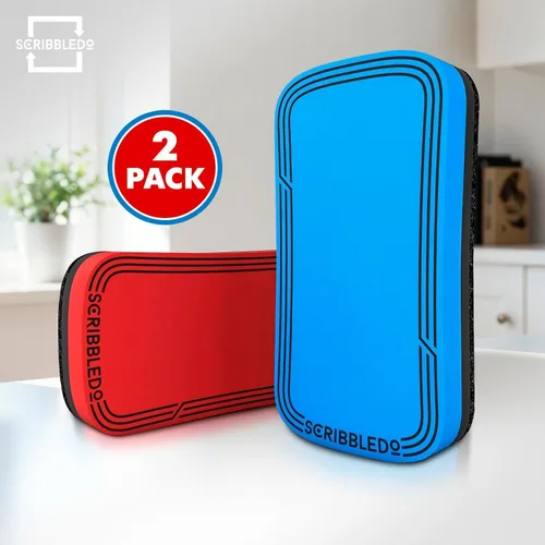 Vista 3 de SCRIBBLEDO Magnetic Dry Erase Erasers 2 Pack, Red and Blue, 2x4 Inch Whiteboard Eraser Set with Washable Soft Felt Pads, Comfortable Foam Grip Tops