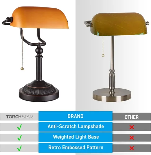 Vista 3 de TORCHSTAR Lámpara de escritorio de cristal ámbar con cadena de tracción, base E26 Base con peso retro, lámpara tradicional antigua de biblioteca