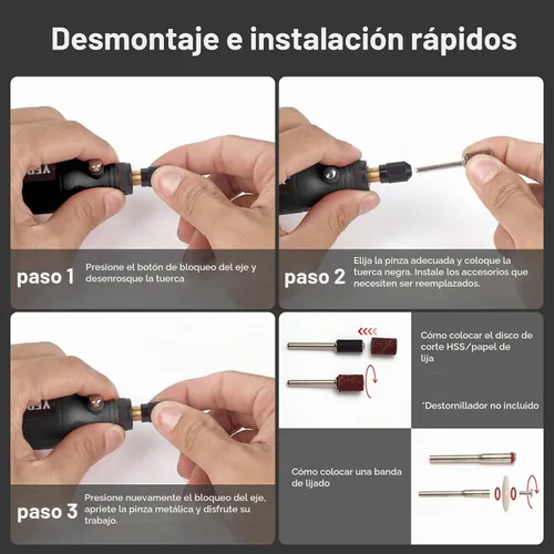 Vista 4 de Herramienta giratoria inalámbrica, kit de mini amoladora eléctrica de iones de litio de 3.7 V con luz de trabajo LED frontal, 5 velocidades