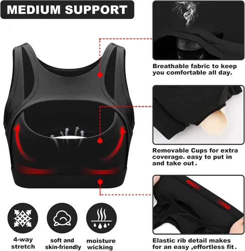 Vista 4 de Brasier deportivo con realce para mujer, sexy, con copas extraíbles, brasier para entrenamiento, fitness, yoga, soporte medio
