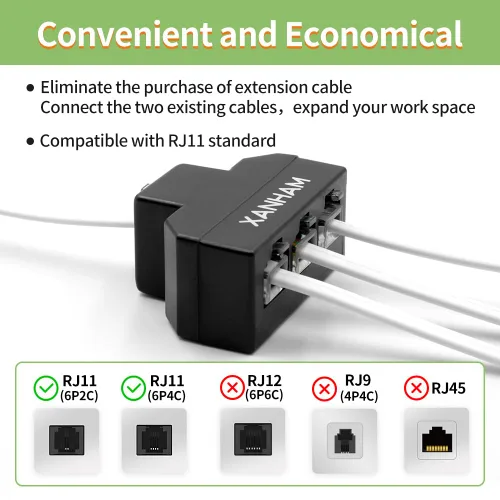 Vista 6 de Cable RJ11 Divisor de 3 vías, conector 6P4C, adaptador de cable de línea telefónica con cable de 3 pulgadas para cable de teléfono fijo, negro