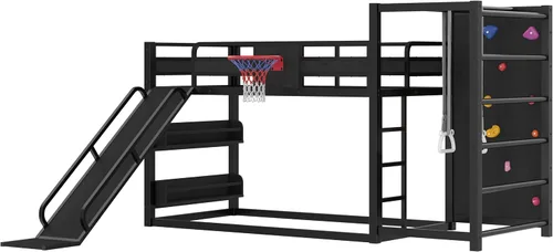 Vista 6 de Cama tipo loft de metal individual con estanterías deslizantes y de almacenamiento, marco de cama de metal resistente con aro de baloncesto, anillos