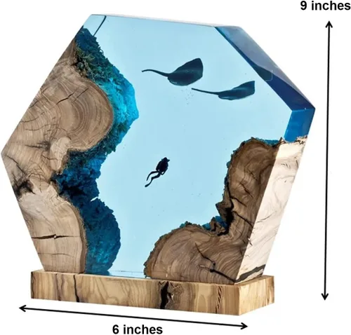 Vista 5 de Manta Rays and Diver, Scuba Resin Wood Lamp, Manta Rays Gift, Ocean Theme Diorama, Manta Rays Lamp, Ocean Lamp, Diver Lamp, Stringray Night Light