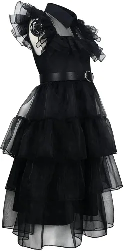 Vista 5 de Wednesday Addams - Vestido de Halloween para niñas con collar y bolsa de hombro, vestido de fiesta de cosplay de la familia Addams