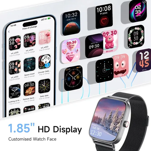 Vista 7 de Reloj inteligente para mujeres, reloj inteligente HD de 1.85 pulgadas, compatible con iPhone/Samsung/Android (respuesta/hacer llamadas), más de 100