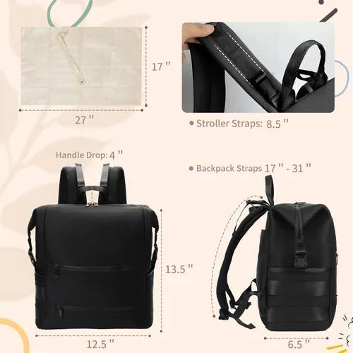 Vista 5 de Omanmoli Mochila para pañales, bolsa grande de neopreno para niños y niñas con 15 organizadores de bolsas de pañales, 2 bolsillos aislados, Negro