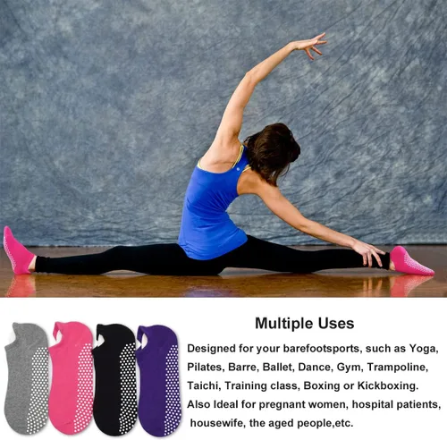 Vista 4 de GRPSKCOS Calcetines de yoga de Pilates para mujer, 4 pares antideslizantes para el hogar, hospital, para entrenamiento, con agarre descalzo