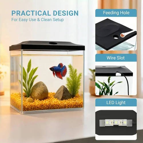 Vista 2 de Tanque de peces pequeño de 0.8 galones, tanque de plástico inastillable con iluminación LED, pecera temporal para freír, aislamiento, educación