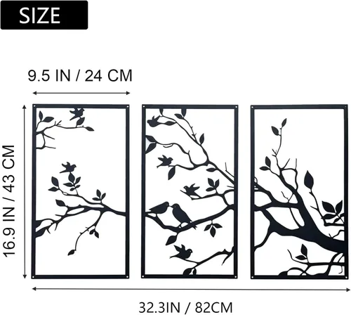 Vista 3 de 3 piezas de decoración de pared de metal grande de pájaros en rama, escultura de silueta de árbol de la vida negro, hojas con pájaros, adorno