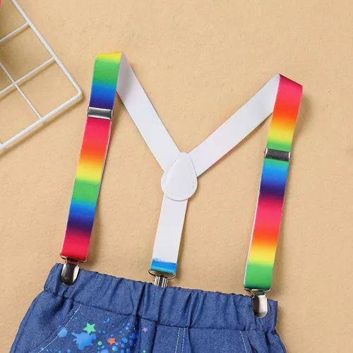 Vista 5 de IMEKIS Toddler Baby Boys Melon Birthday Outfit Romper T-shirt + Jeans Shorts + Suspenders Rainbow Cake Smash Photo Shoot 1-5T