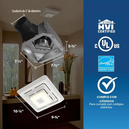 Vista 4 de Broan-NuTone® Roomside Series - Ventilador de escape de baño con altavoz Bluetooth con luz LED, 70 CFM 2 Sones, ENERGY STAR