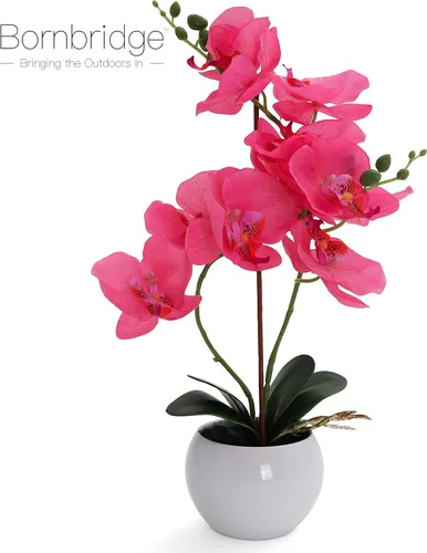 Vista 4 de Planta de orquídea artificial en maceta, decoración realista de orquídea rosa intenso (1)