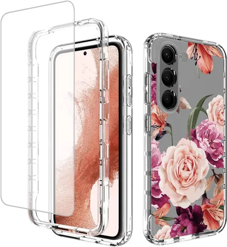 Vista 8 de Funda para Galaxy S23, Samsung S23 con protector de pantalla de vidrio templado, patrón de mariposa transparente de cuerpo completo, funda