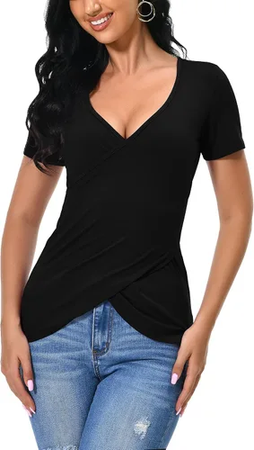 Vista 3 de Afibi - Blusa de manga larga con cuello en V profundo y ajuste slim para mujer A-Negro