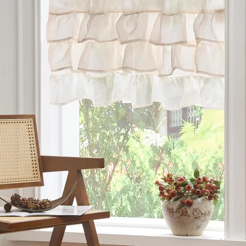 Vista 3 de Jinchan - Cenefa con volantes para cocina, cenefa de lino arrugado y cruzado, estilo shabby chic de casa de campo y cabaña, para sala de estar